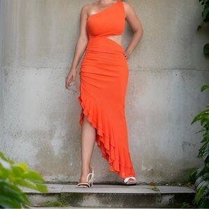 One Shoulder Ruffled Orange Stretch Dress